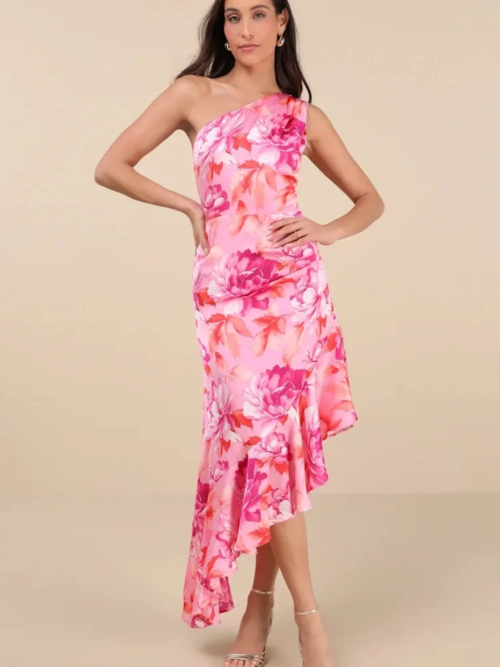 Lulu's Pink & Coral One-Shoulder Floral Maxi Dress